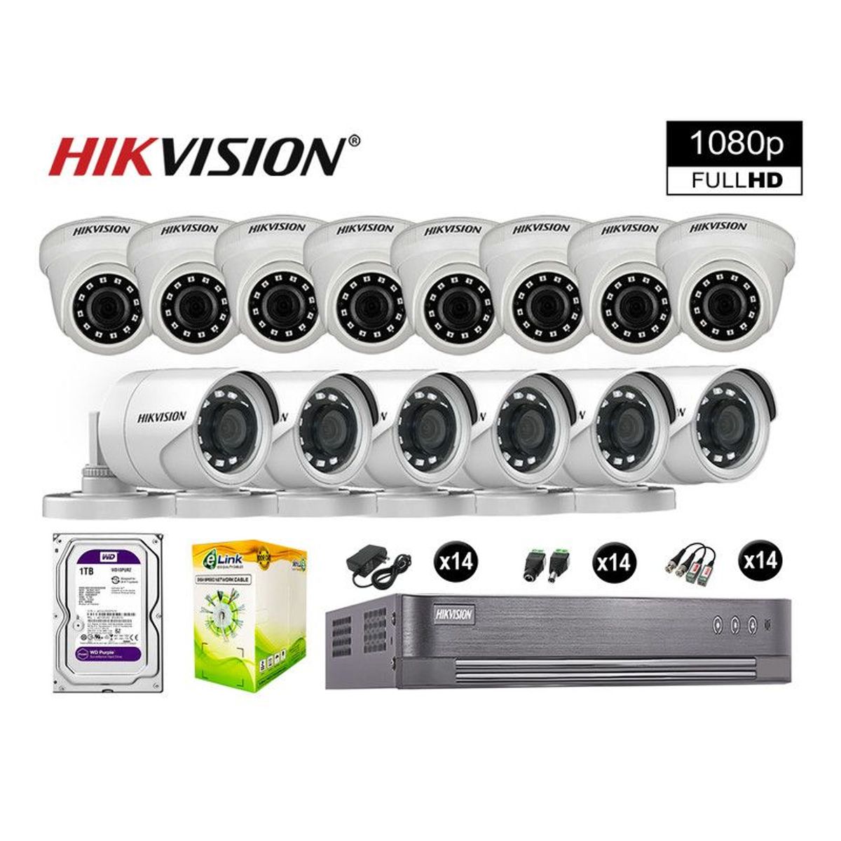 HIKVISION - CÁMARAS SEGURIDAD KIT 14 FULL HD VIGILANCIA 1080P + DISCO 1TB COMPLETO