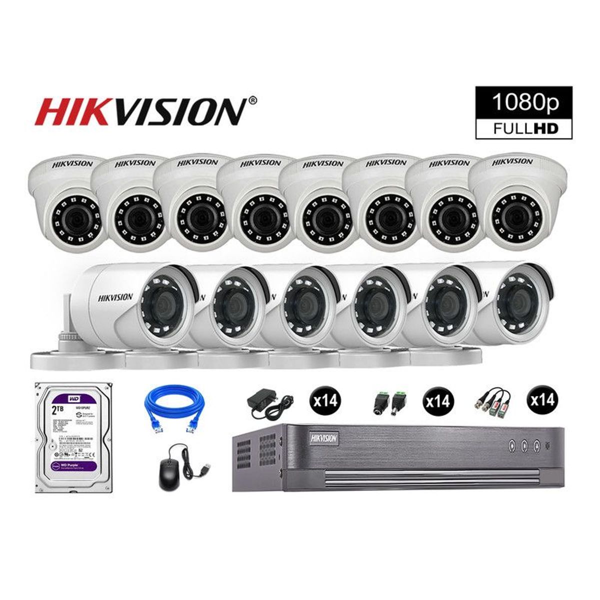 HIKVISION - CÁMARAS SEGURIDAD KIT 14 FULL HD VIGILANCIA 1080P + DISCO 2TB