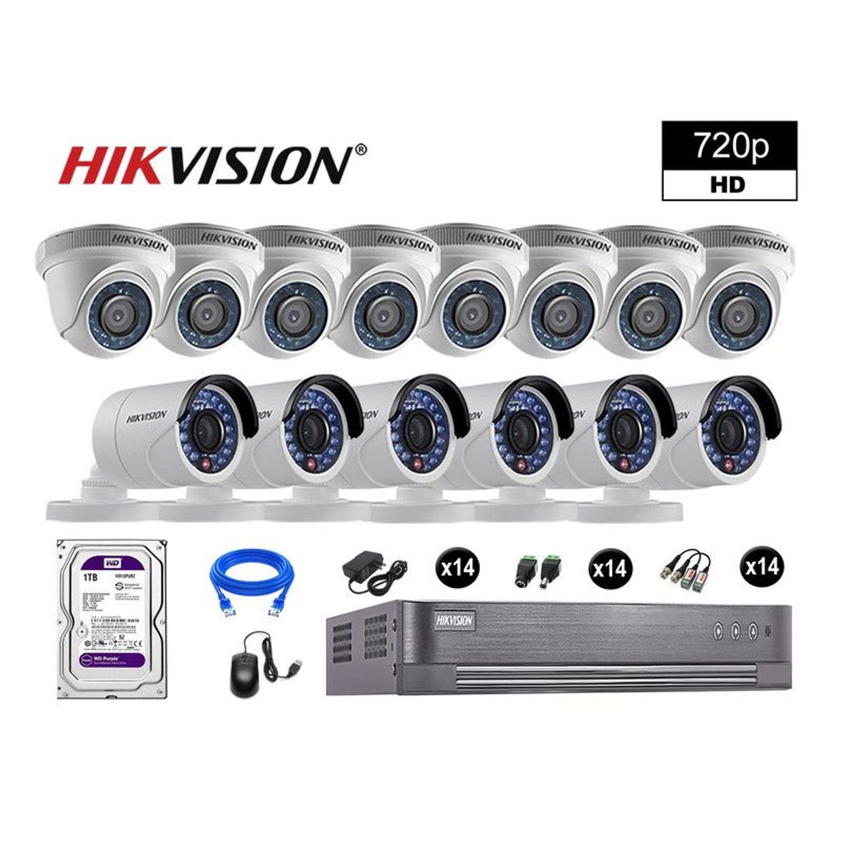 HIKVISION - CÁMARAS SEGURIDAD KIT 14 HD 720P VIGILANCIA DISCO 1TB P2P HDMI