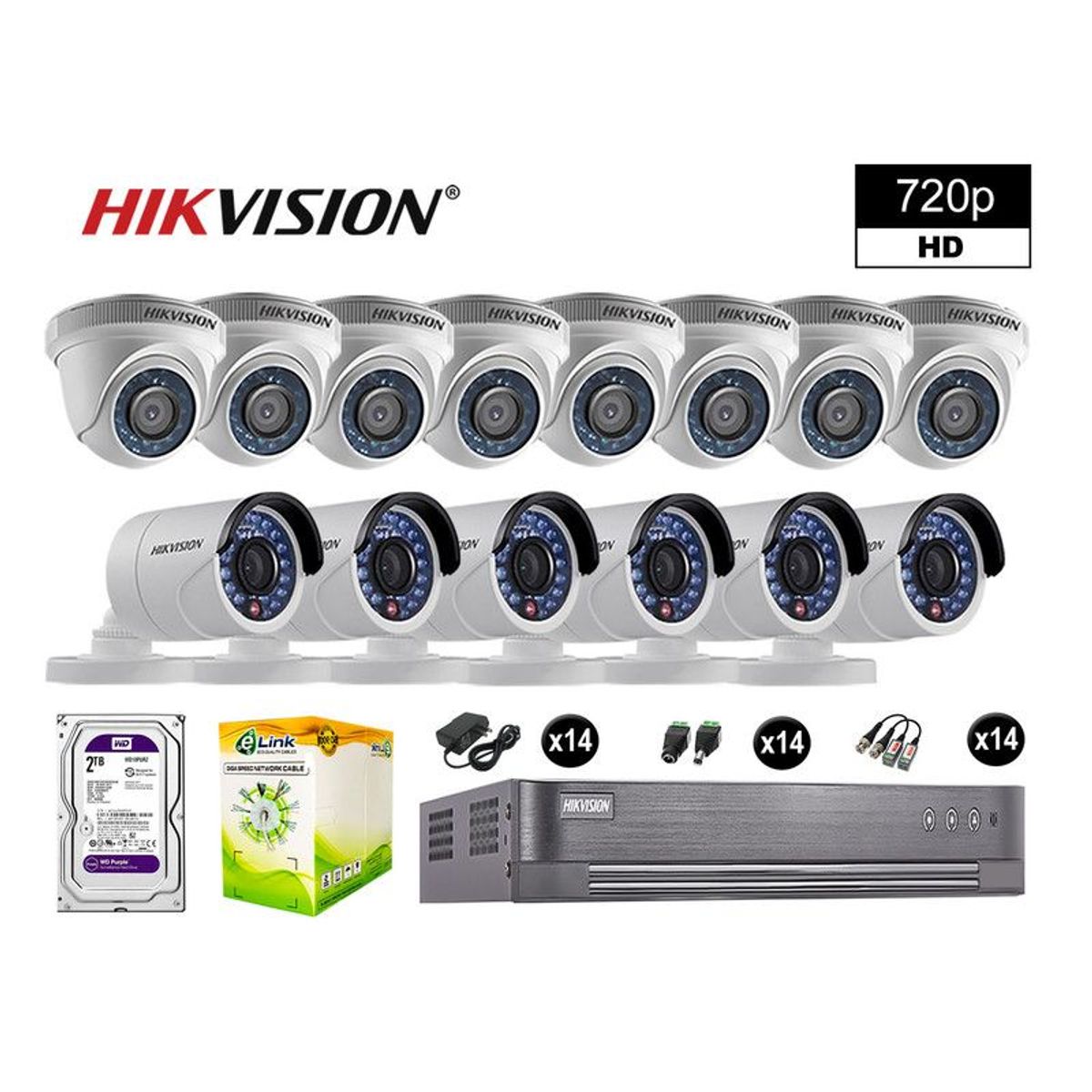 HIKVISION - CÁMARAS SEGURIDAD KIT 14 HD 720P VIGILANCIA + DISCO 2TB COMPLETO P2P