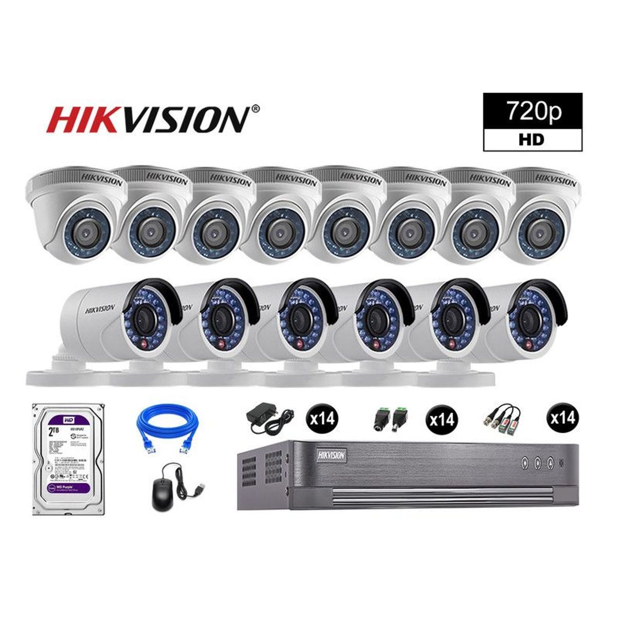 HIKVISION - CÁMARAS SEGURIDAD KIT 14 HD 720P VIGILANCIA DISCO 2TB P2P HDMI