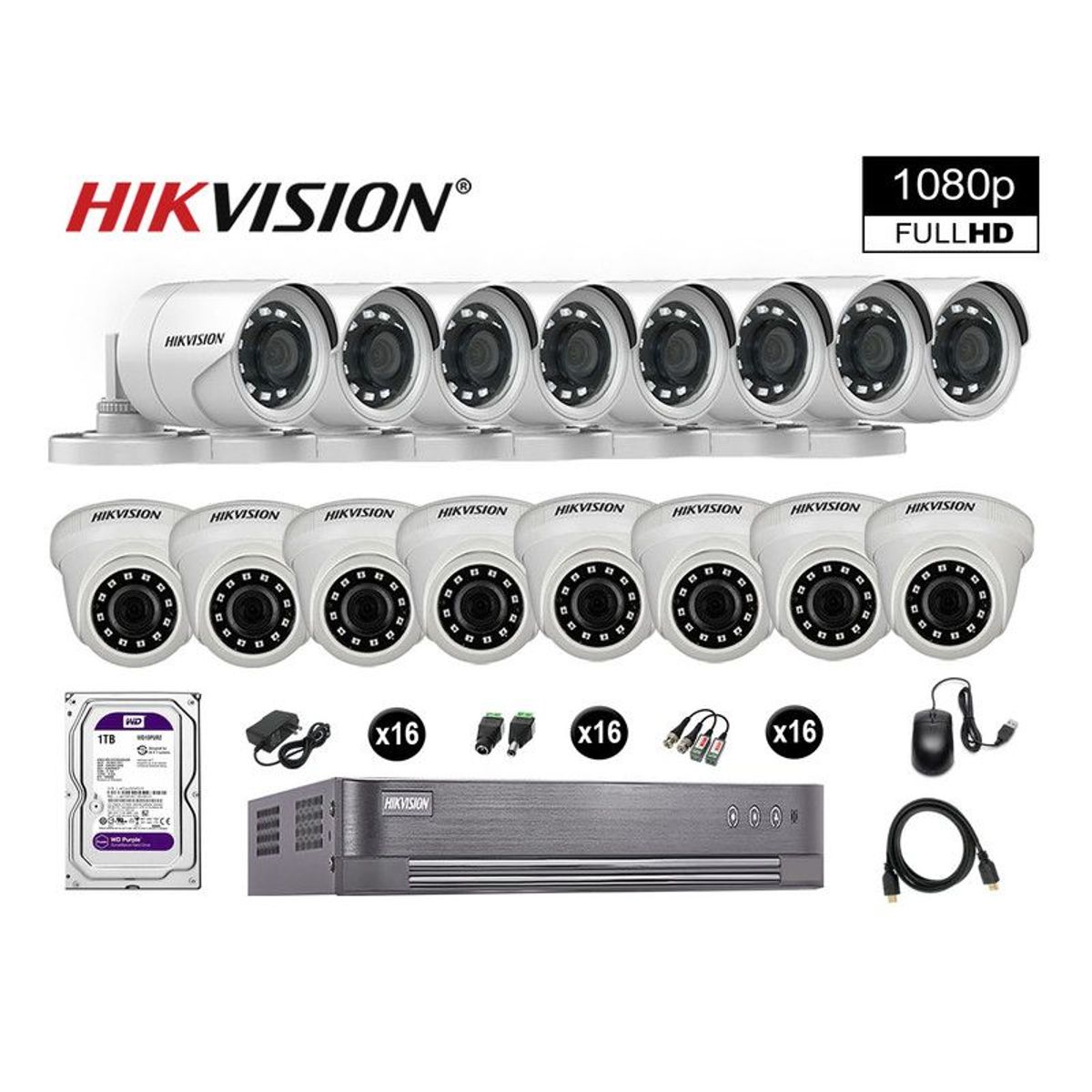 HIKVISION - CÁMARAS SEGURIDAD KIT 16 FULL HD VIGILANCIA 1080P + DISCO 1TB