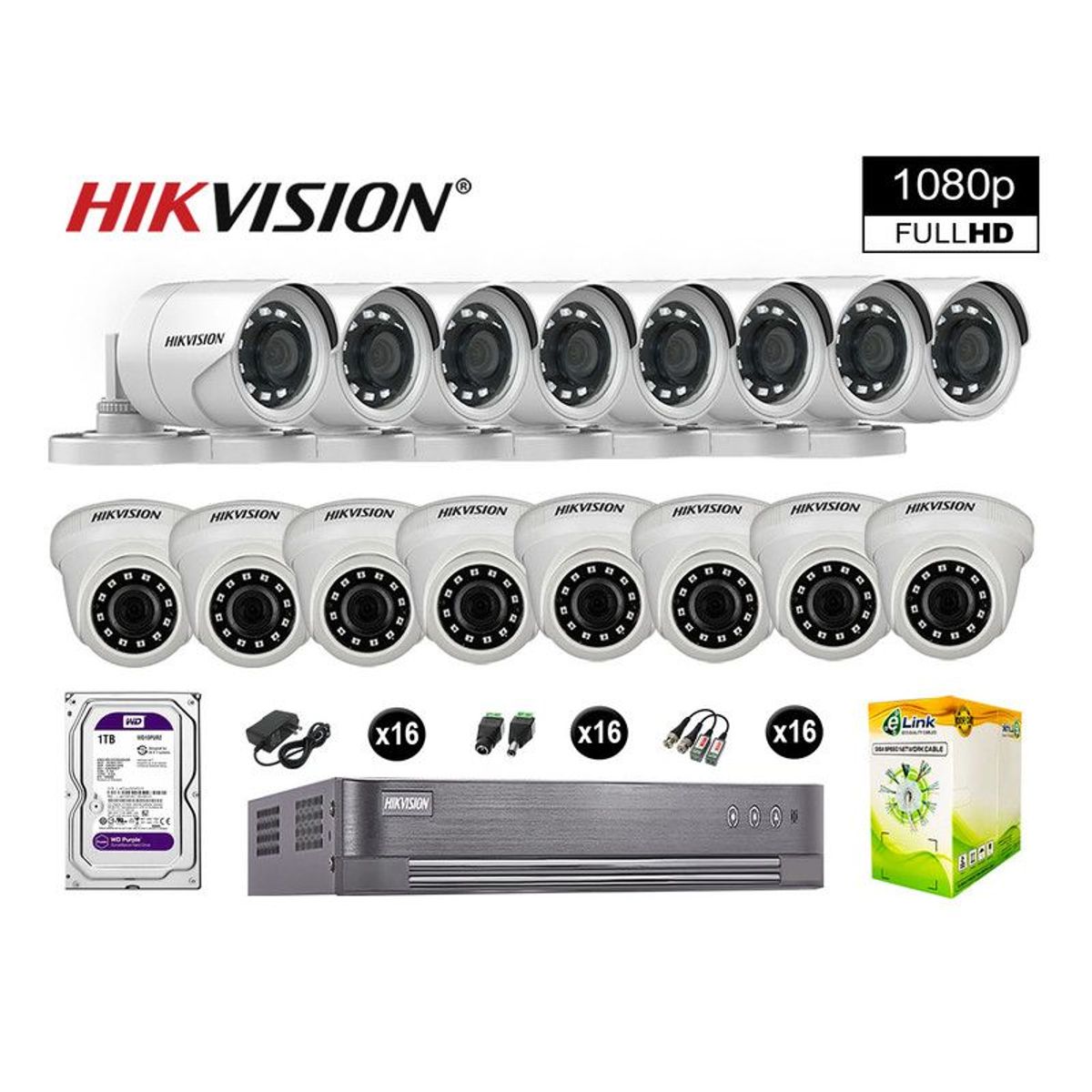 HIKVISION - CÁMARAS SEGURIDAD KIT 16 FULL HD VIGILANCIA 1080P + DISCO 1TB COMPLETO