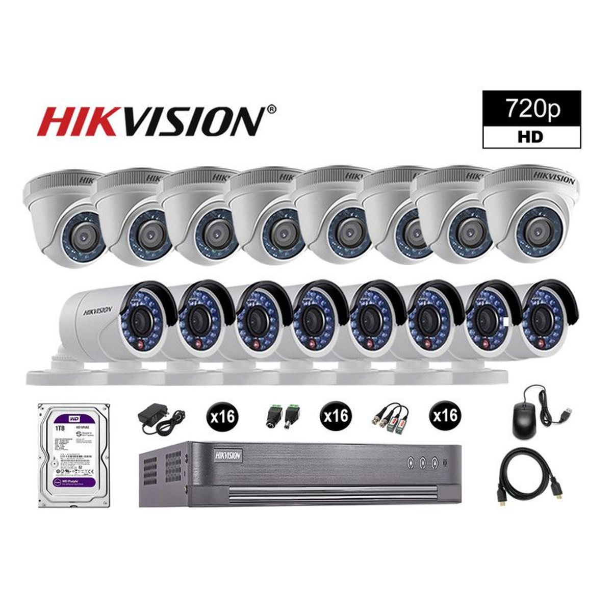 HIKVISION - CÁMARAS SEGURIDAD KIT 16 HD 720P VIGILANCIA DISCO 1TB P2P HDMI