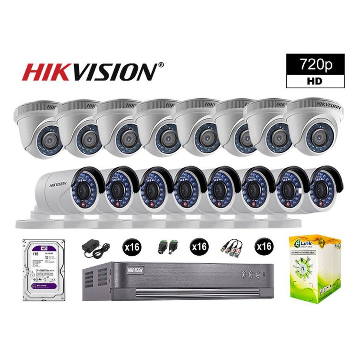 HIKVISION - CÁMARAS SEGURIDAD KIT 16 HD 720P VIGILANCIA + DISCO 1TB COMPLETO P2P