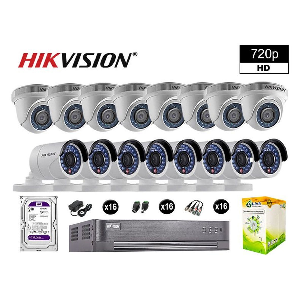 HIKVISION - CÁMARAS SEGURIDAD KIT 16 HD 720P VIGILANCIA + DISCO 2TB COMPLETO P2P