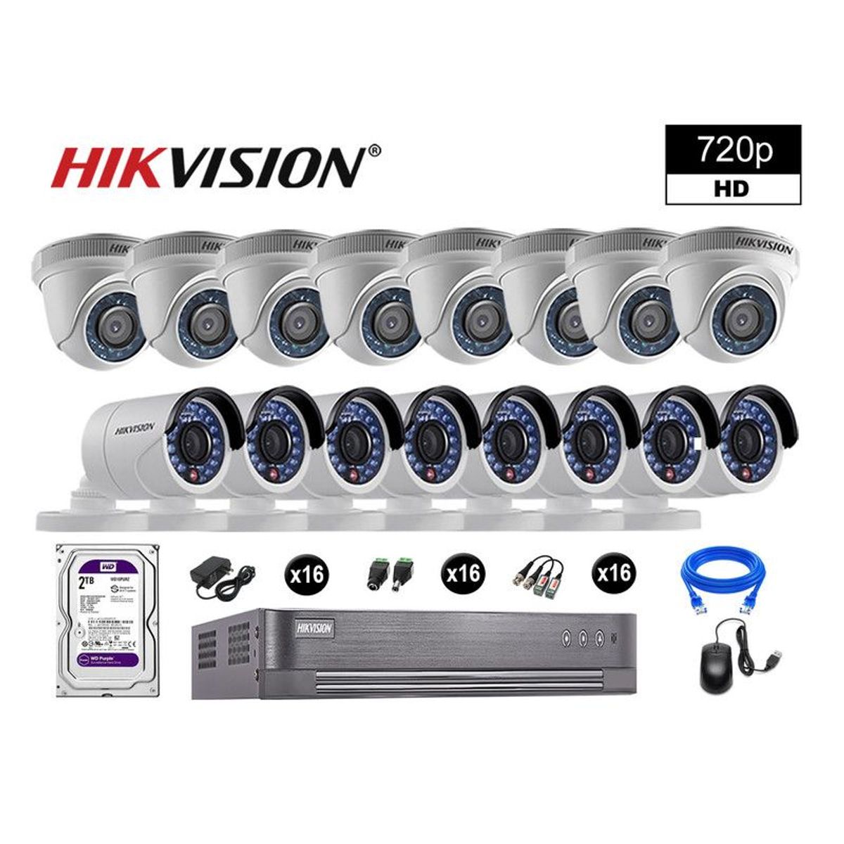 HIKVISION - CÁMARAS SEGURIDAD KIT 16 HD 720P VIGILANCIA DISCO 2TB P2P HDMI