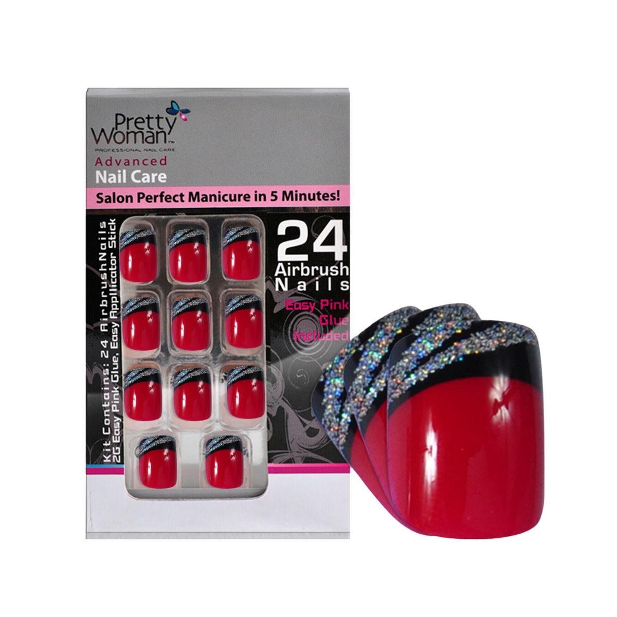 PRETTY WOMAN - Pretty Woman Uñas Plasticas Acrilicas Set Rojo Y Negro