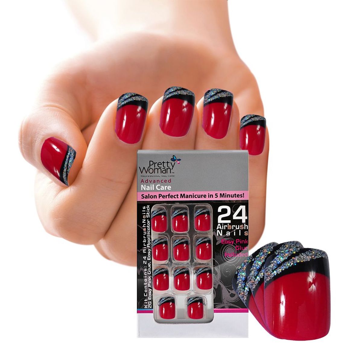 PRETTY WOMAN - Pretty Woman Uñas Plasticas Acrilicas Set Rojo Y Negro