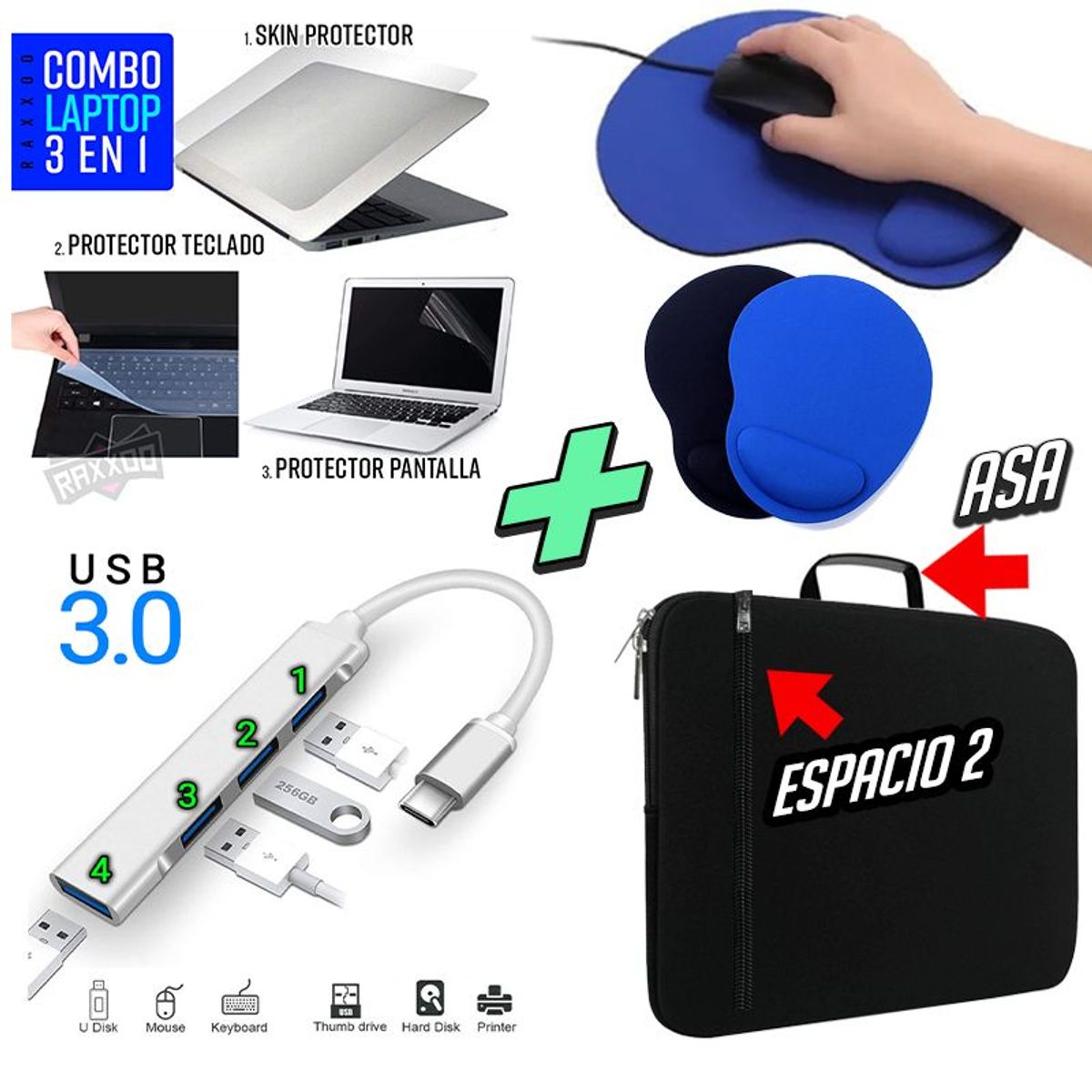 OEM - Funda Maletin + Skin 3 en 1 Laptop + Pad Almohadilla + Hub usb 3.0