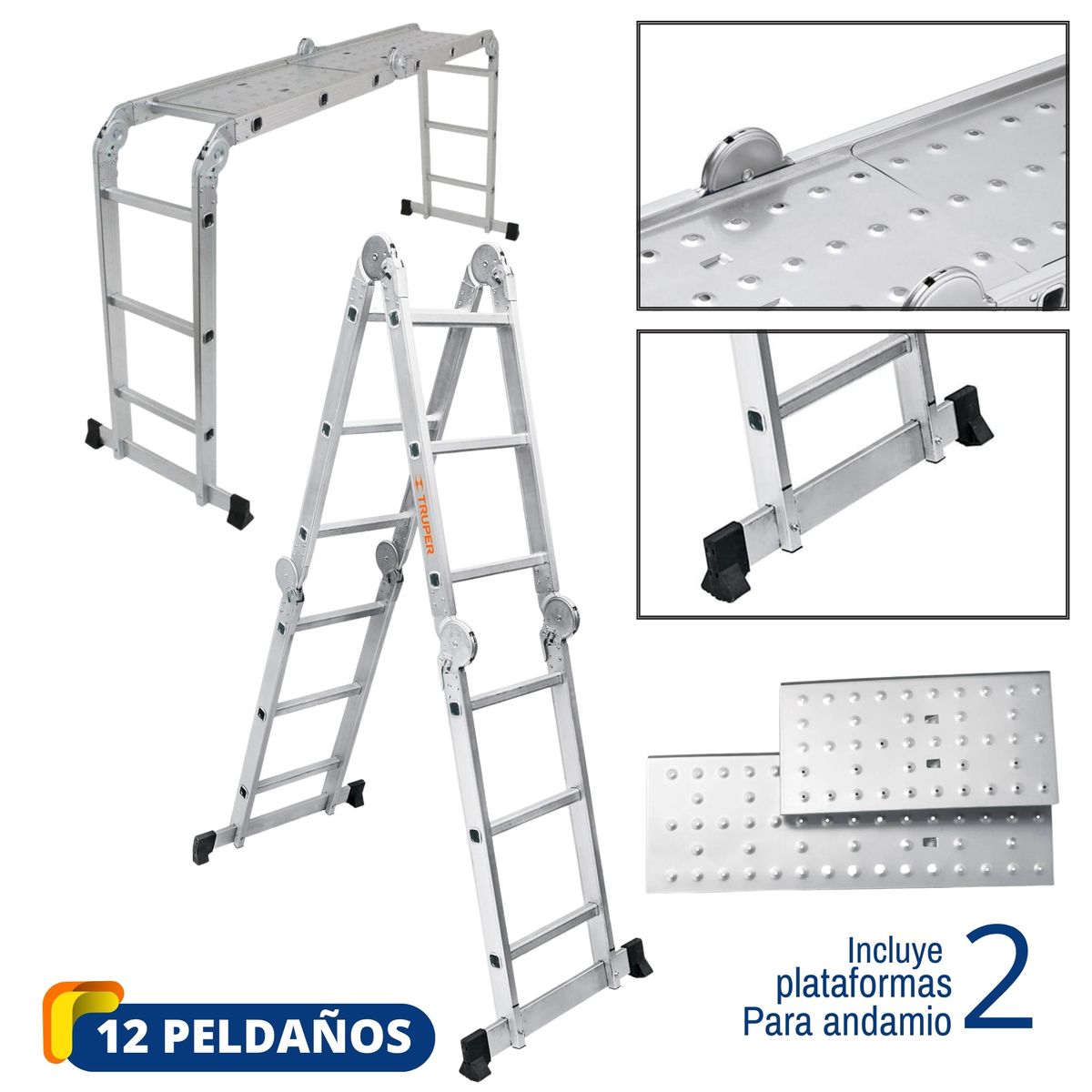 TRUPER - Escalera multiposición 12 peldaños articulada soporta 150kg, Truper