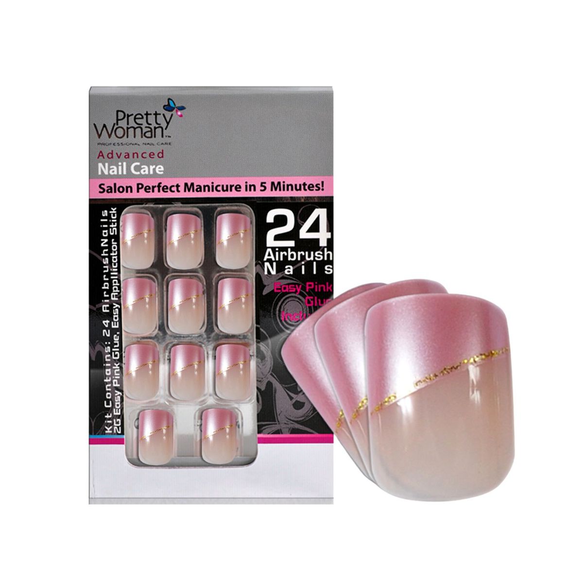 PRETTY WOMAN - Pretty Woman Uñas Acrilicas Set Francesa Rosa Dorado