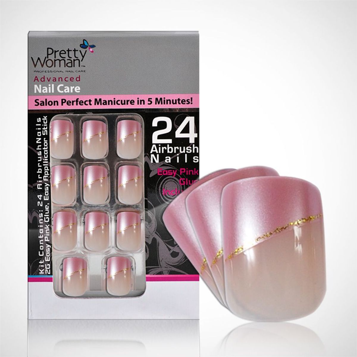 PRETTY WOMAN - Pretty Woman Uñas Acrilicas Set Francesa Rosa Dorado