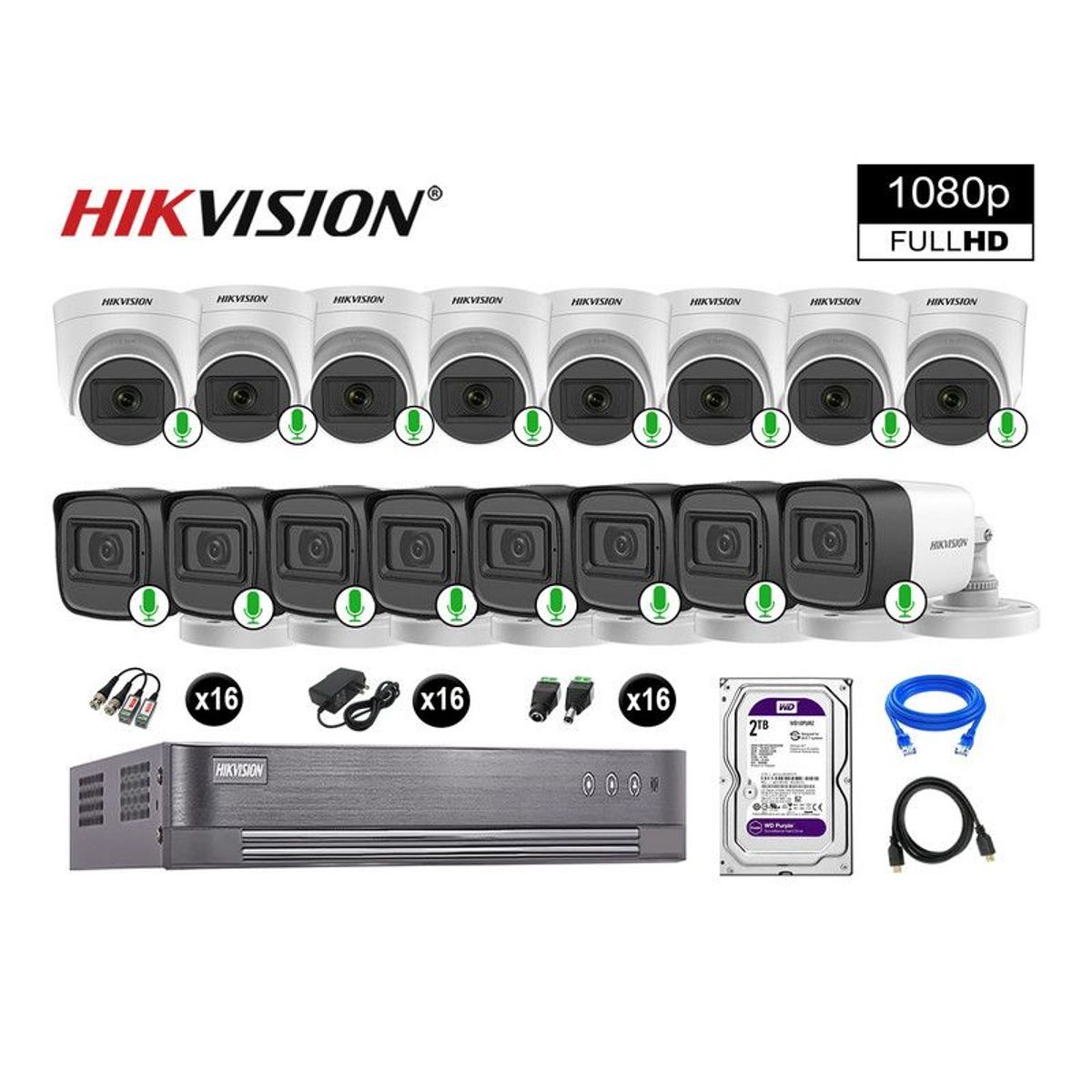 HIKVISION - CÁMARAS DE SEGURIDAD KIT 16 FULL HD 1080P CON AUDIO VIGILANCIA + 2TB