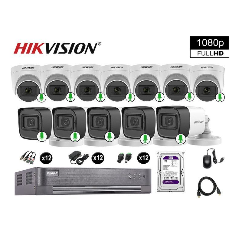 HIKVISION - CÁMARAS DE SEGURIDAD KIT 12 FULL HD 1080P CON AUDIO VIGILANCIA + 1TB