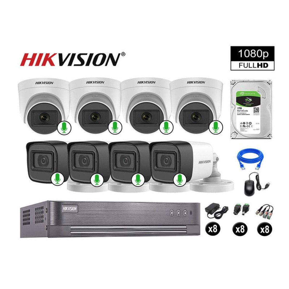 HIKVISION - CÁMARAS DE SEGURIDAD KIT 8 FULL HD 1080P CON AUDIO VIGILANCIA + 1TB