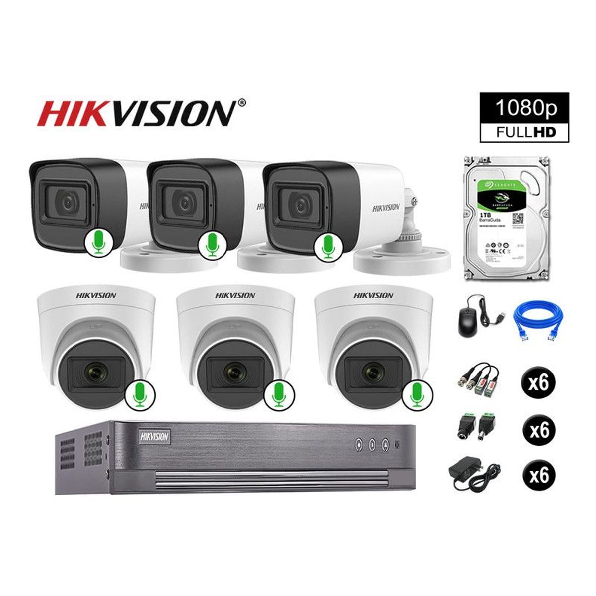 HIKVISION - CÁMARAS DE SEGURIDAD KIT 6 FULL HD 1080P CON AUDIO VIGILANCIA + 1TB