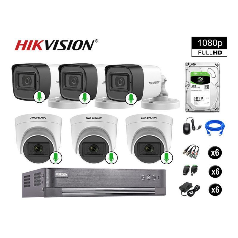 HIKVISION - CÁMARAS DE SEGURIDAD KIT 6 FULL HD 1080P CON AUDIO VIGILANCIA + 1TB