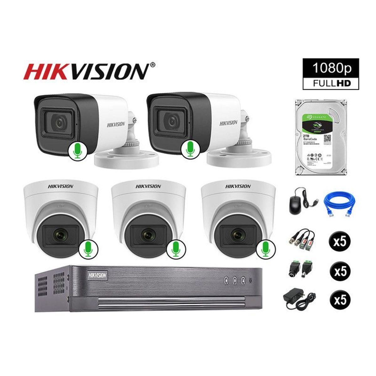 HIKVISION - CÁMARAS DE SEGURIDAD KIT 5 FULL HD 1080P CON AUDIO VIGILANCIA + 2TB