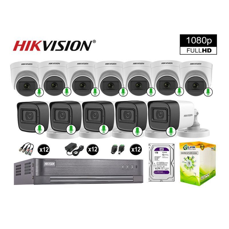 HIKVISION - CÁMARAS DE SEGURIDAD KIT 12 FULL HD 1080P CON AUDIO VIGILANCIA + 1TB