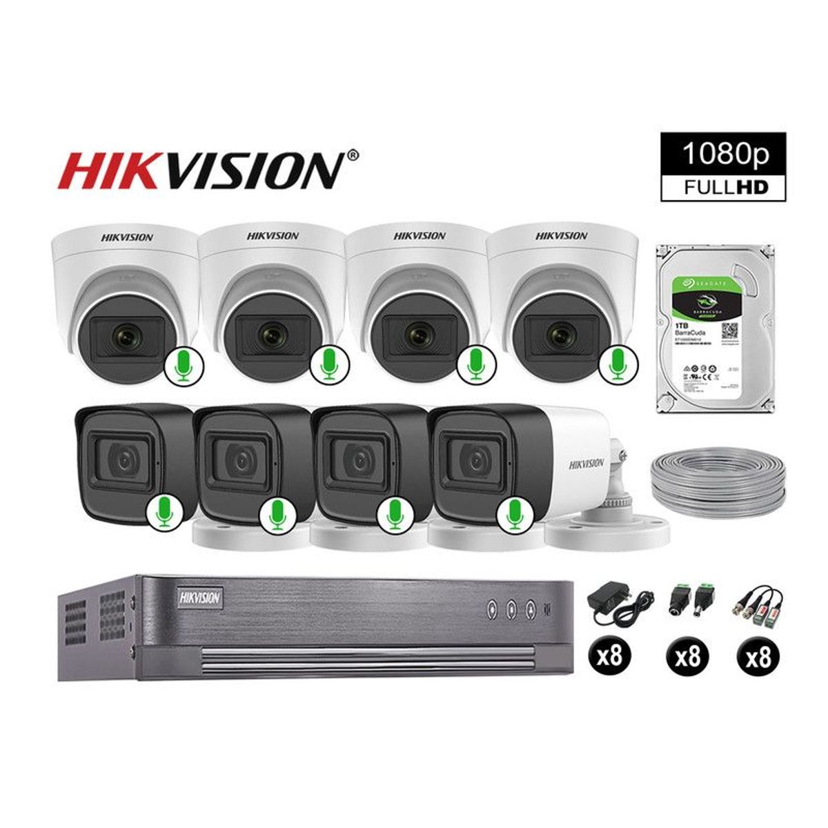 HIKVISION - CÁMARAS DE SEGURIDAD KIT 8 FULL HD 1080P CON AUDIO VIGILANCIA + 1TB
