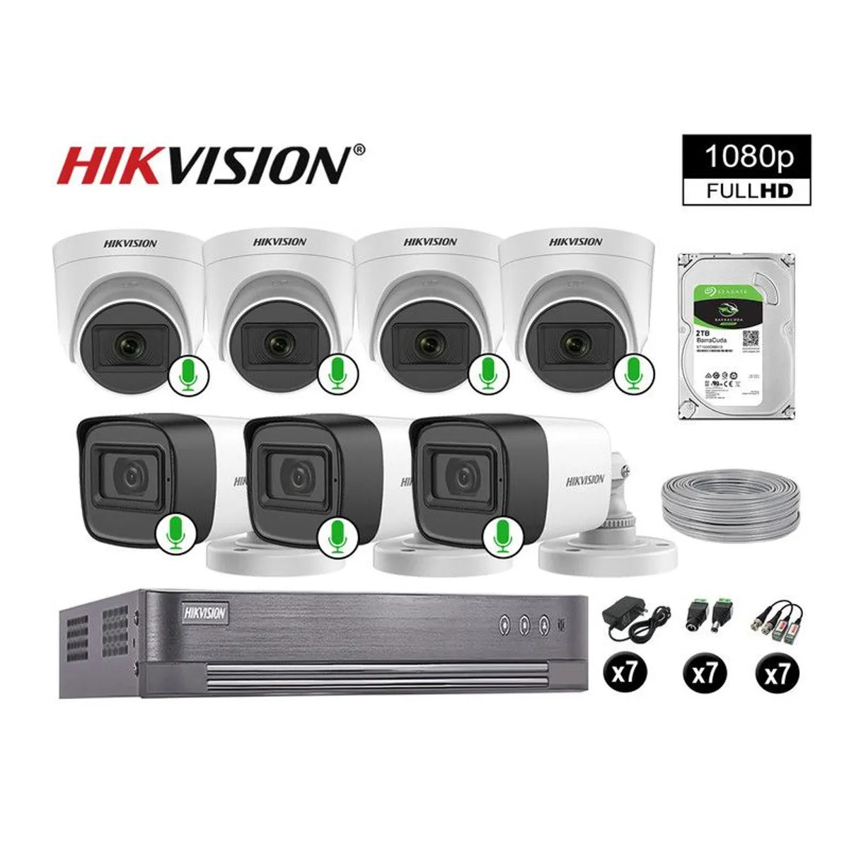 HIKVISION - CÁMARAS DE SEGURIDAD KIT 7 FULL HD 1080P CON AUDIO VIGILANCIA + 2TB