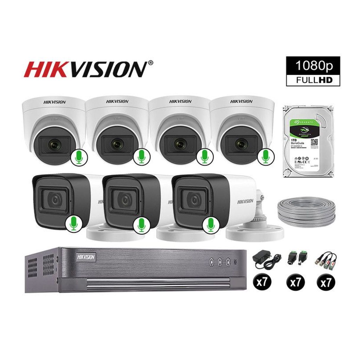 HIKVISION - CÁMARAS DE SEGURIDAD KIT 7 FULL HD 1080P CON AUDIO VIGILANCIA + 1TB
