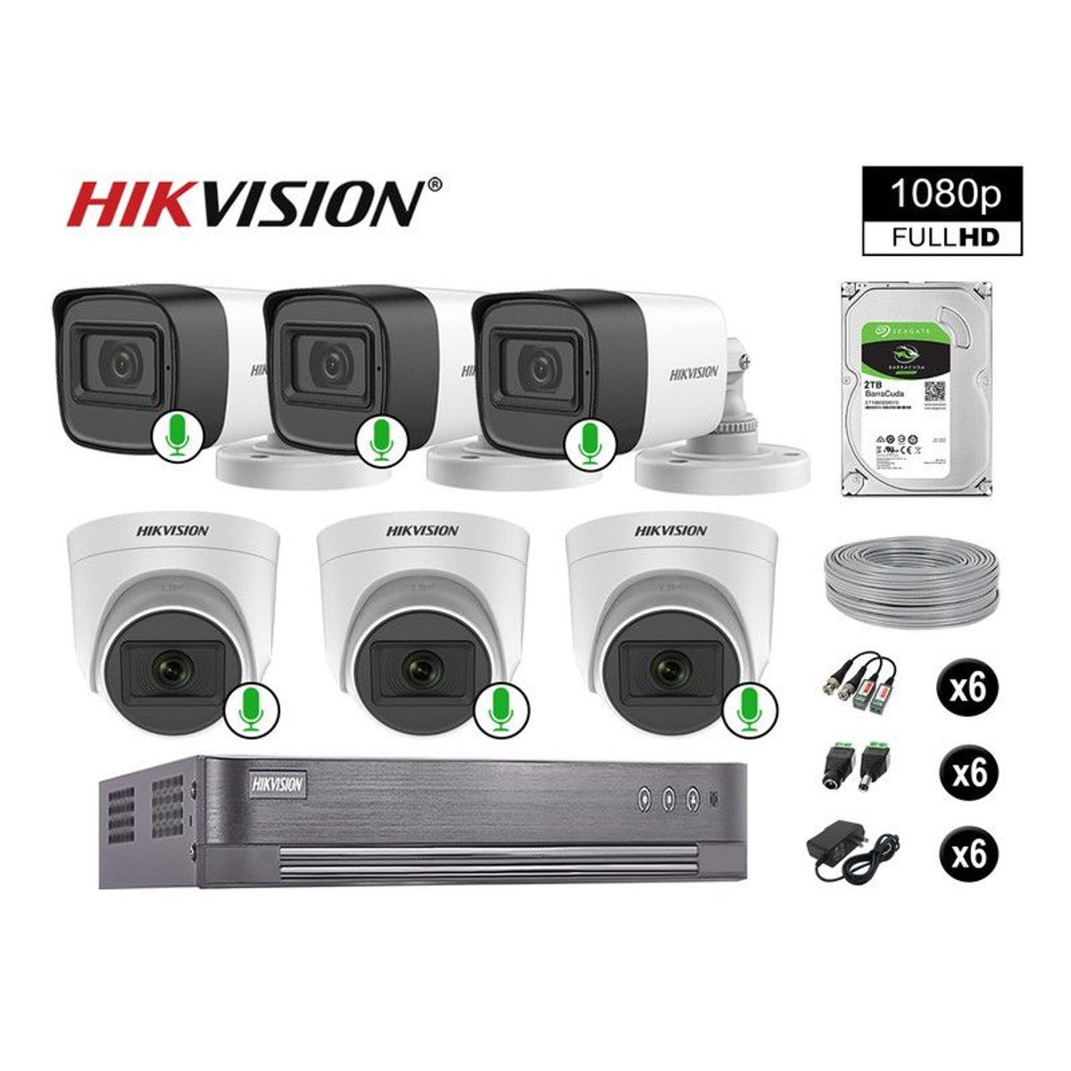 HIKVISION - CÁMARAS DE SEGURIDAD KIT 6 FULL HD 1080P CON AUDIO VIGILANCIA + 2TB