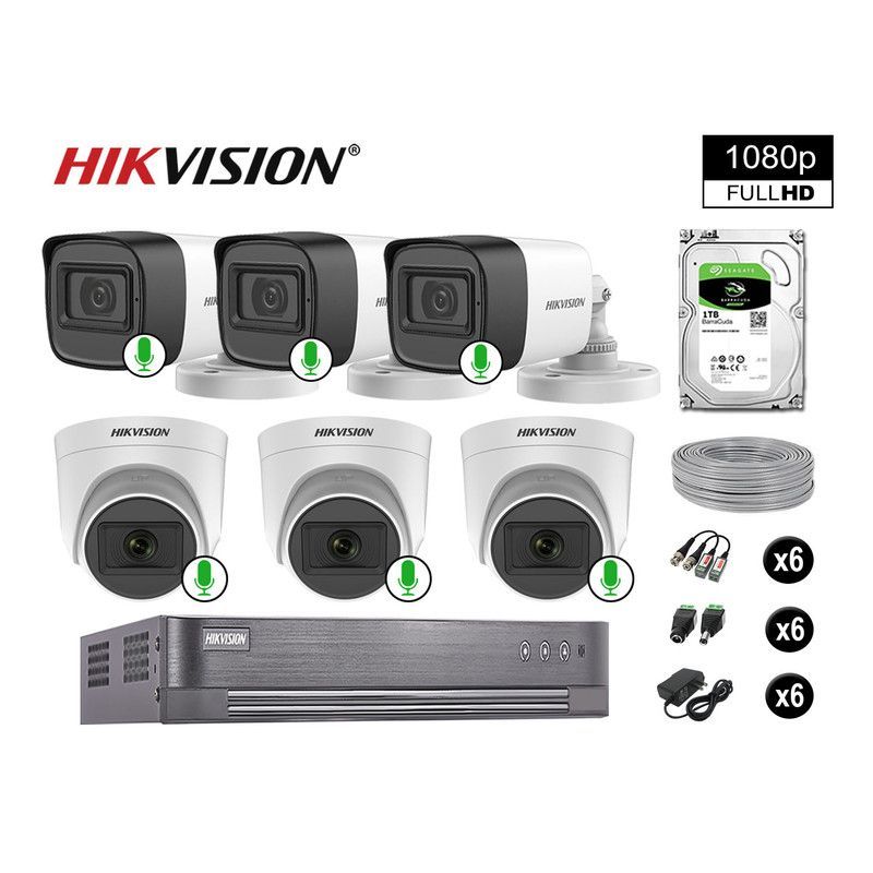 HIKVISION - CÁMARAS DE SEGURIDAD KIT 6 FULL HD 1080P CON AUDIO VIGILANCIA + 1TB