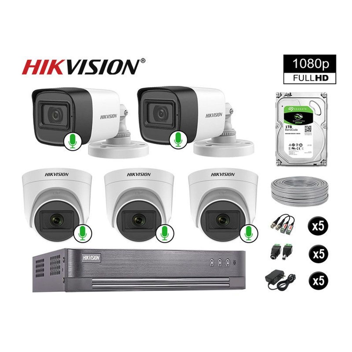 Hikvision - CÁMARAS DE SEGURIDAD KIT 5 FULL HD 1080P CON AUDIO VIGILANCIA + 1TB