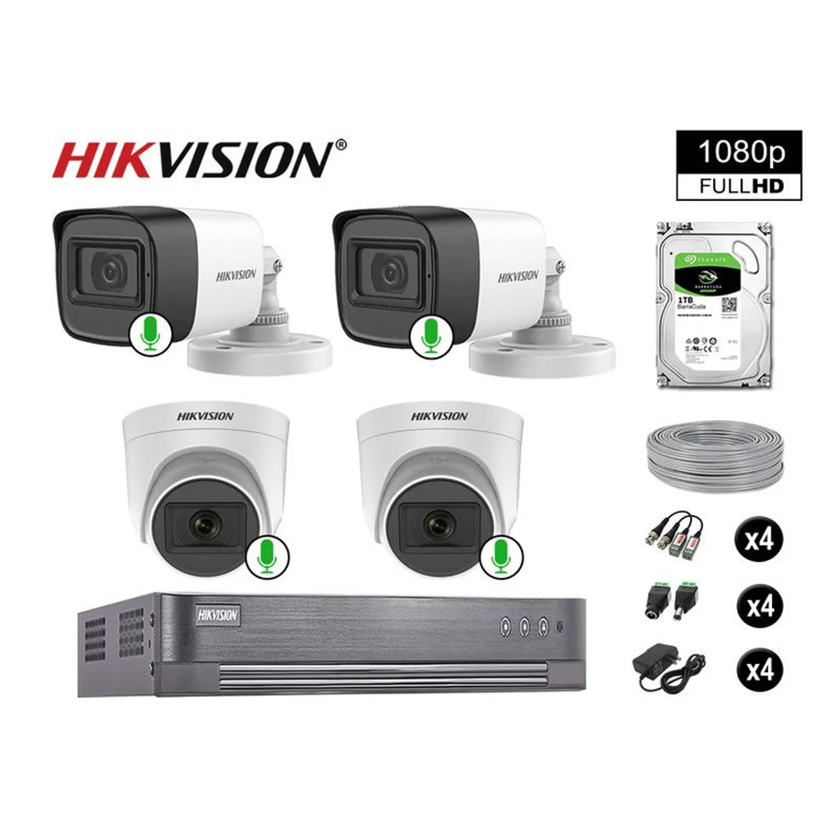 HIKVISION - CÁMARAS DE SEGURIDAD KIT 4 FULL HD 1080P CON AUDIO VIGILANCIA + 1TB