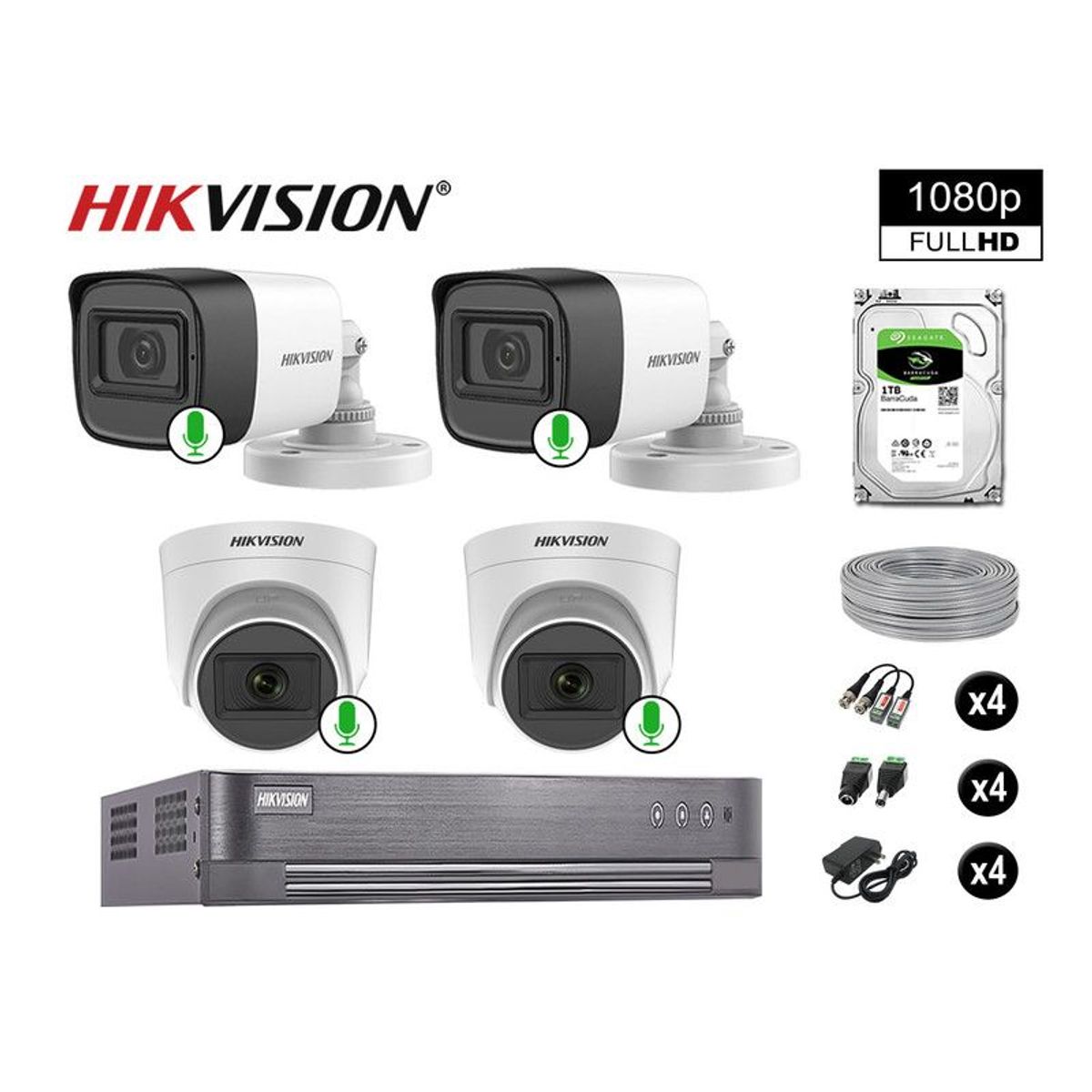 HIKVISION - CÁMARAS DE SEGURIDAD KIT 4 FULL HD 1080P CON AUDIO VIGILANCIA + 1TB
