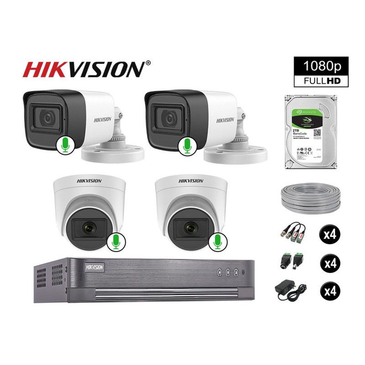 HIKVISION - CÁMARAS DE SEGURIDAD KIT 4 FULL HD 1080P CON AUDIO VIGILANCIA + 2TB