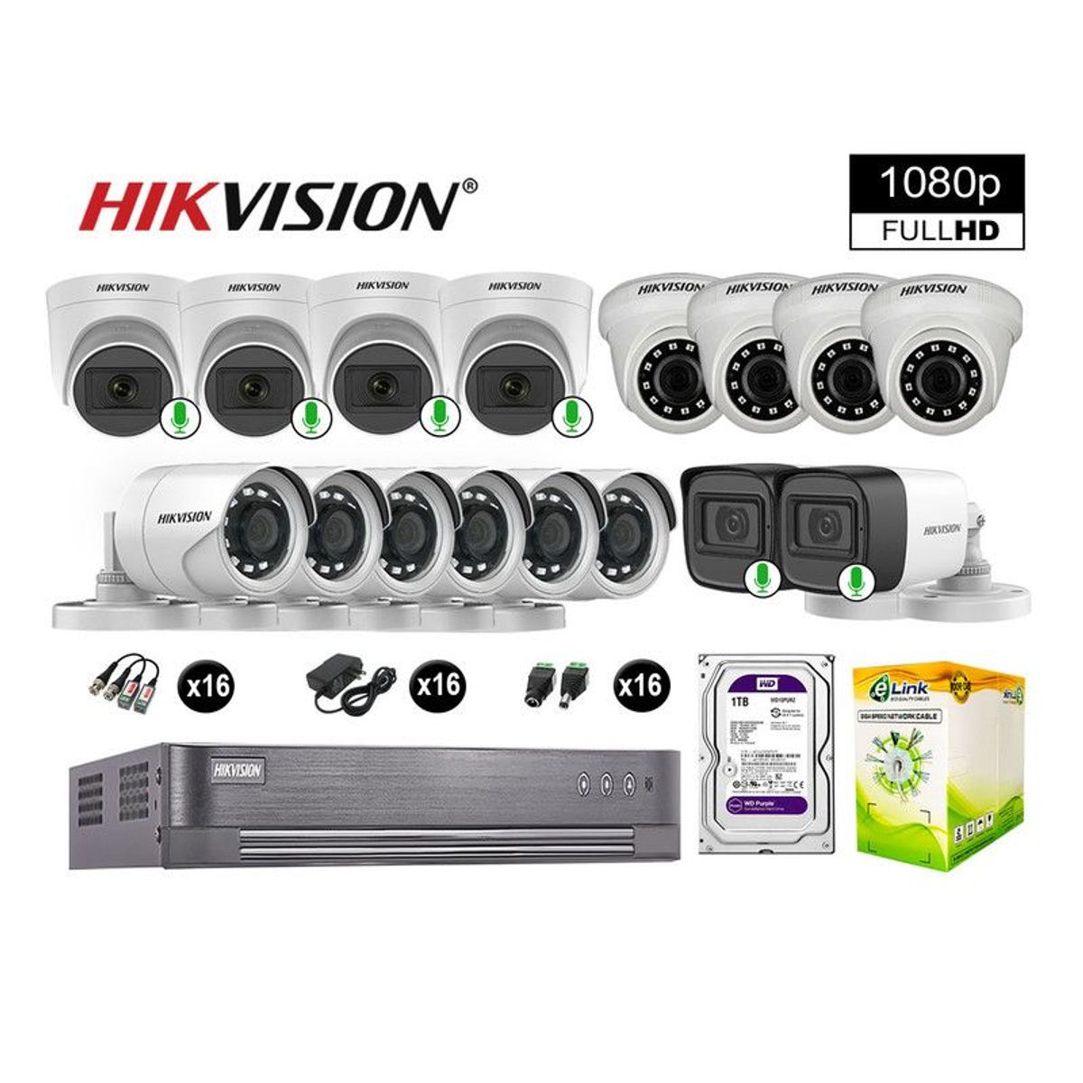 HIKVISION - CÁMARAS SEGURIDAD KIT 16 FULL HD VIGILANCIA 6 CAMARAS CON AUDIO 1TB