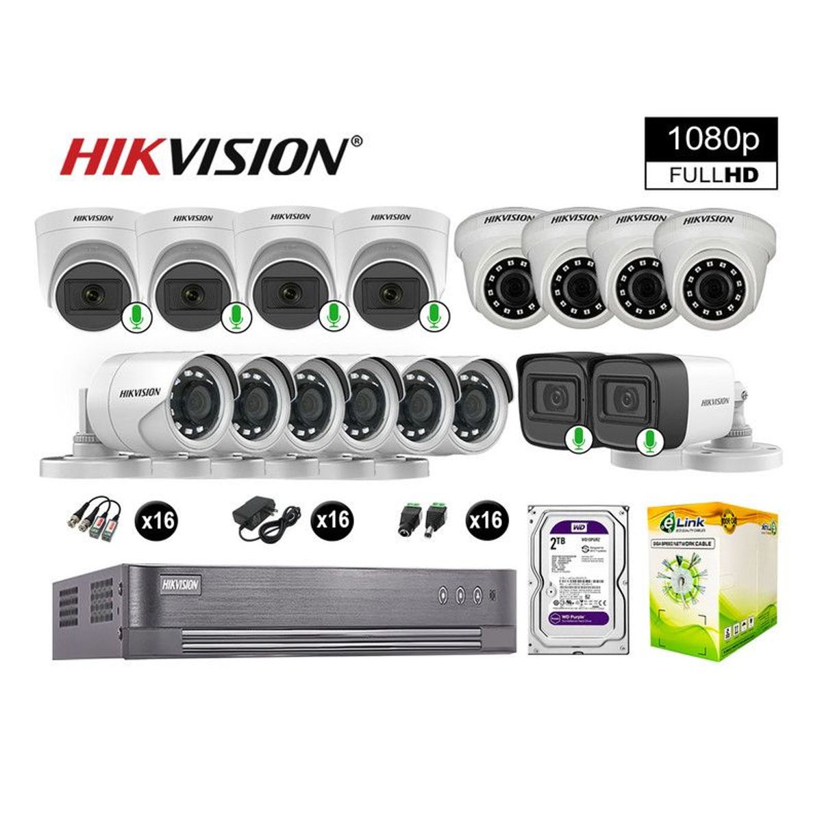 HIKVISION - CÁMARAS SEGURIDAD KIT 16 FULL HD VIGILANCIA 6 CAMARAS CON AUDIO 2TB