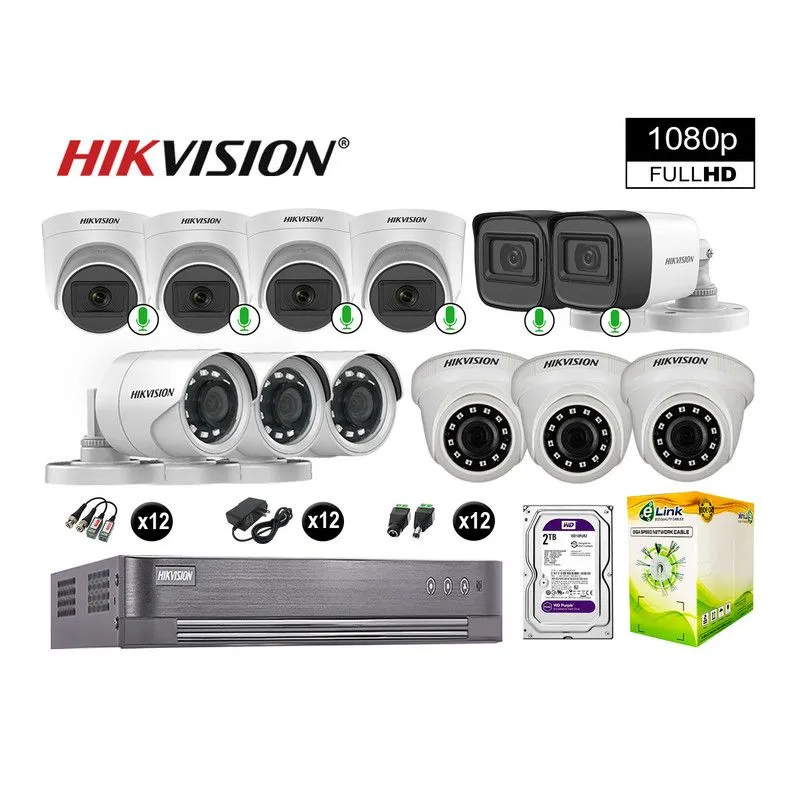 HIKVISION - CÁMARAS SEGURIDAD KIT 12 FULL HD VIGILANCIA 6 CAMARAS CON AUDIO 2TB