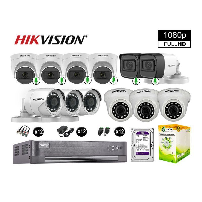 HIKVISION - CÁMARAS SEGURIDAD KIT 12 FULL HD VIGILANCIA 6 CAMARAS CON AUDIO 1TB