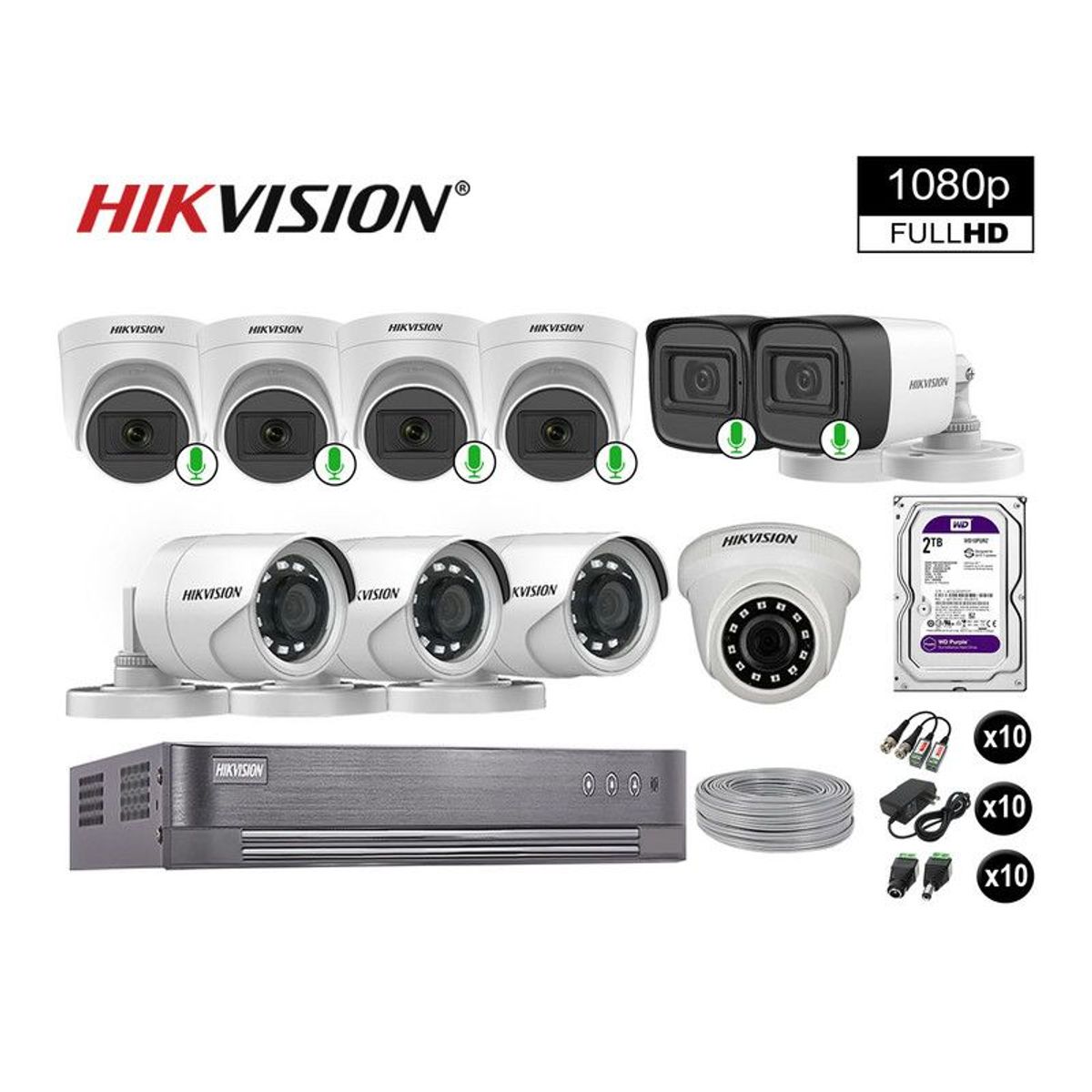 HIKVISION - CÁMARAS SEGURIDAD KIT 10 FULL HD VIGILANCIA 6 CAMARAS CON AUDIO 2TB