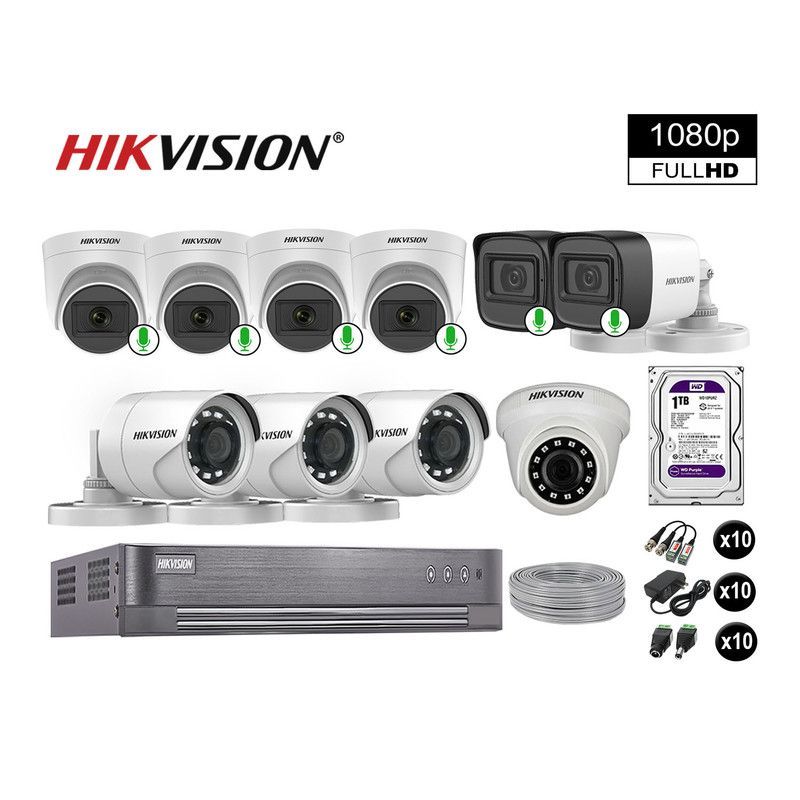 HIKVISION - CÁMARAS SEGURIDAD KIT 10 FULL HD VIGILANCIA 6 CAMARAS CON AUDIO 1TB
