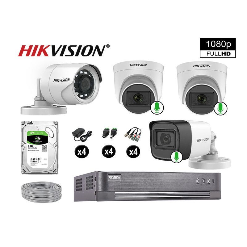 HIKVISION - CÁMARAS DE SEGURIDAD KIT 4 FULL HD 3 CAMARA CON AUDIO VIGILANCIA 1TB