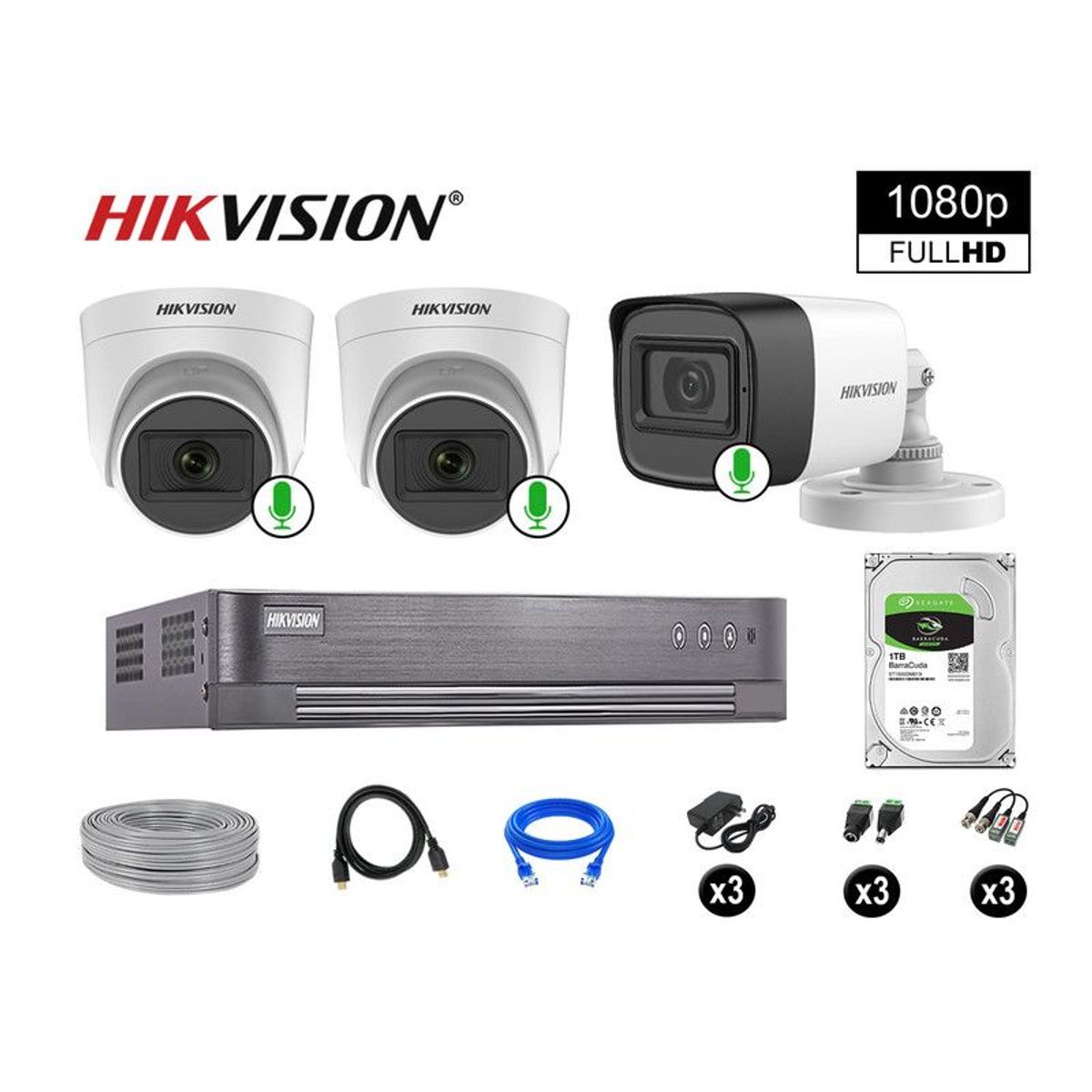 HIKVISION - CÁMARAS DE SEGURIDAD KIT 3 FULL HD 3 CAMARA CON AUDIO VIGILANCIA 1TB