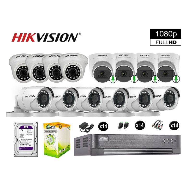 HIKVISION - CÁMARAS SEGURIDAD KIT 14 FULL HD 04 CAMARA CON AUDIO VIGILANCIA 1TB
