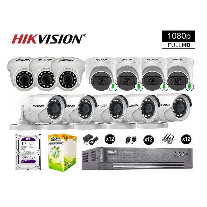 HIKVISION - CÁMARAS SEGURIDAD KIT 12 FULL HD 04 CAMARA CON AUDIO VIGILANCIA 1TB