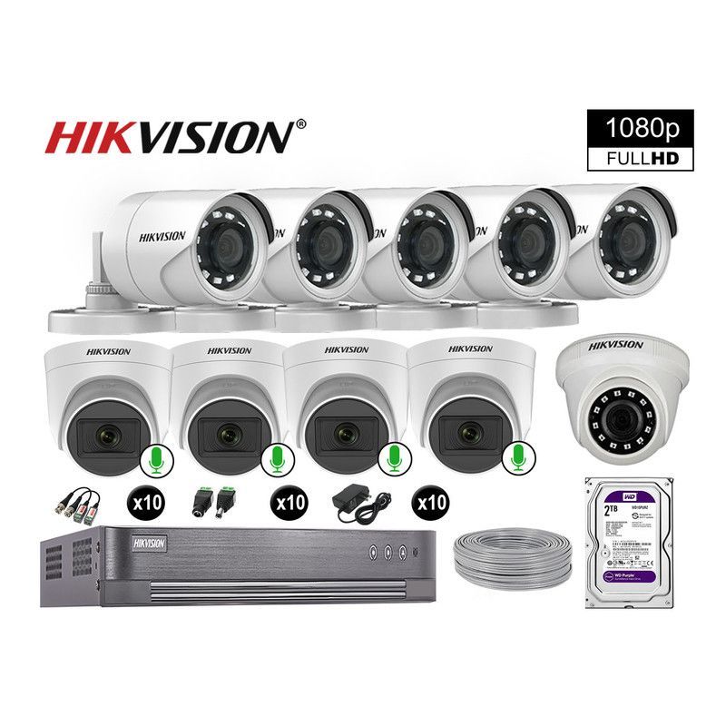 HIKVISION - CÁMARAS SEGURIDAD KIT 10 FULL HD 04 CAMARA CON AUDIO VIGILANCIA 2TB