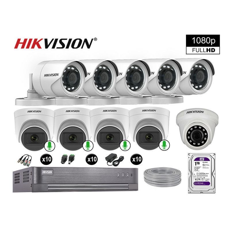 HIKVISION - CÁMARAS SEGURIDAD KIT 10 FULL HD 04 CAMARA CON AUDIO VIGILANCIA 1TB