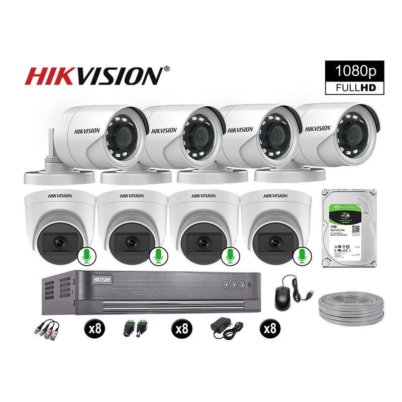 HIKVISION - CÁMARAS DE SEGURIDAD KIT 8 FULL HD 04 CAMARA CON AUDIO VIGILANCIA 1TB