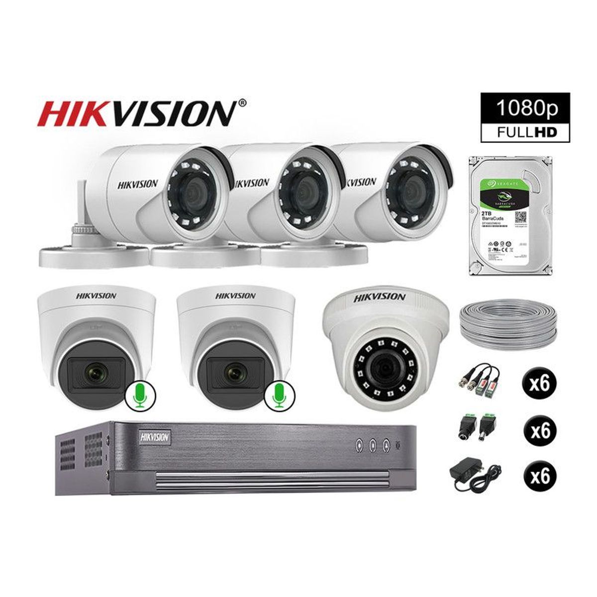 HIKVISION - CÁMARAS DE SEGURIDAD KIT 6 FULL HD 02 CAMARA CON AUDIO VIGILANCIA 2TB