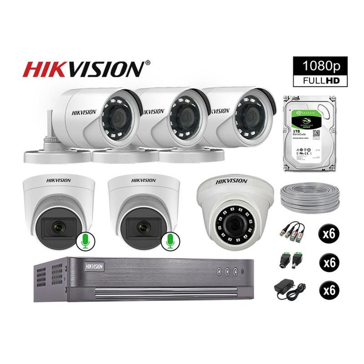 HIKVISION - CÁMARAS DE SEGURIDAD KIT 6 FULL HD 02 CAMARA CON AUDIO VIGILANCIA 1TB