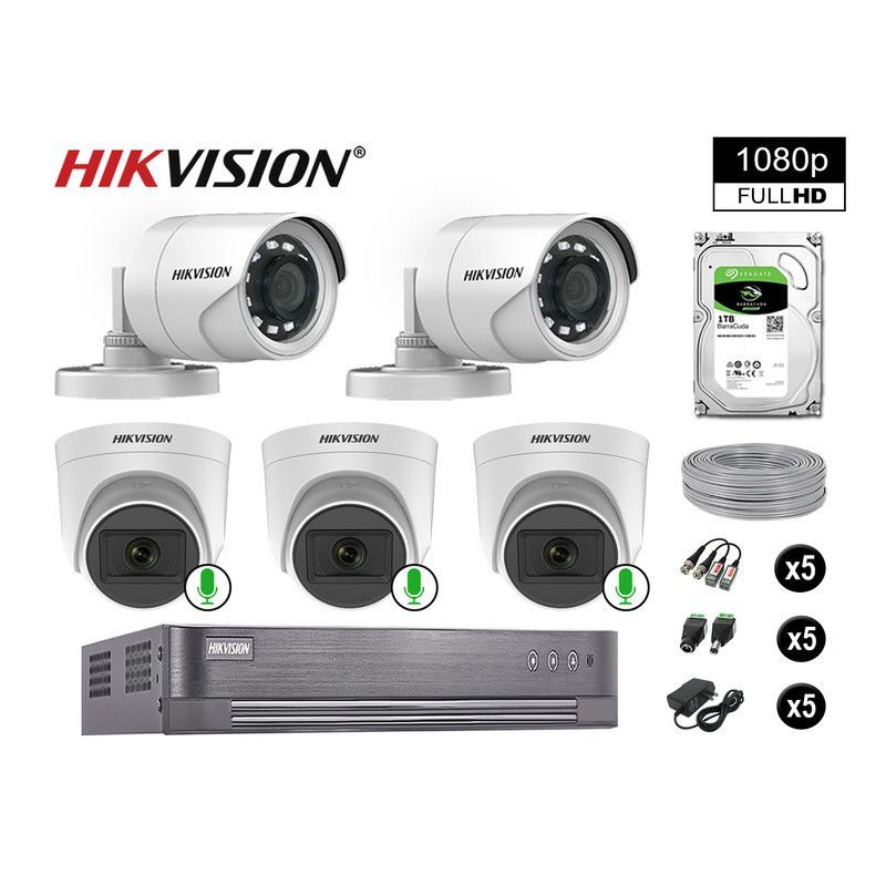 HIKVISION - CÁMARAS DE SEGURIDAD KIT 5 FULL HD 03 CAMARA CON AUDIO VIGILANCIA 1TB
