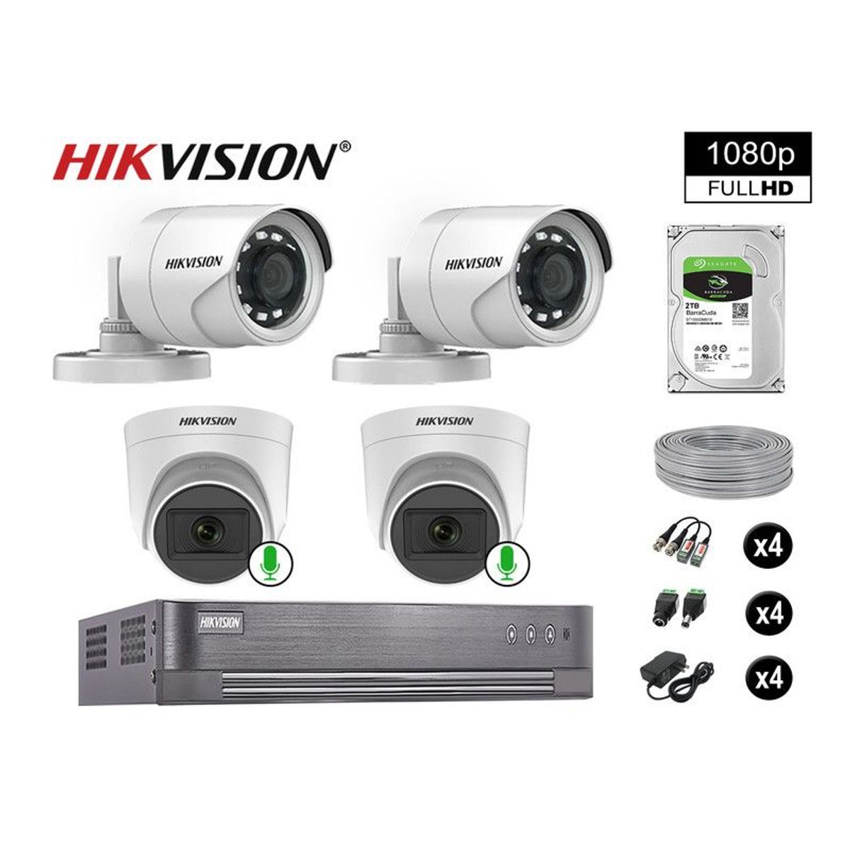 HIKVISION - CÁMARAS DE SEGURIDAD KIT 4 FULL HD 02 CAMARA CON AUDIO VIGILANCIA 2TB